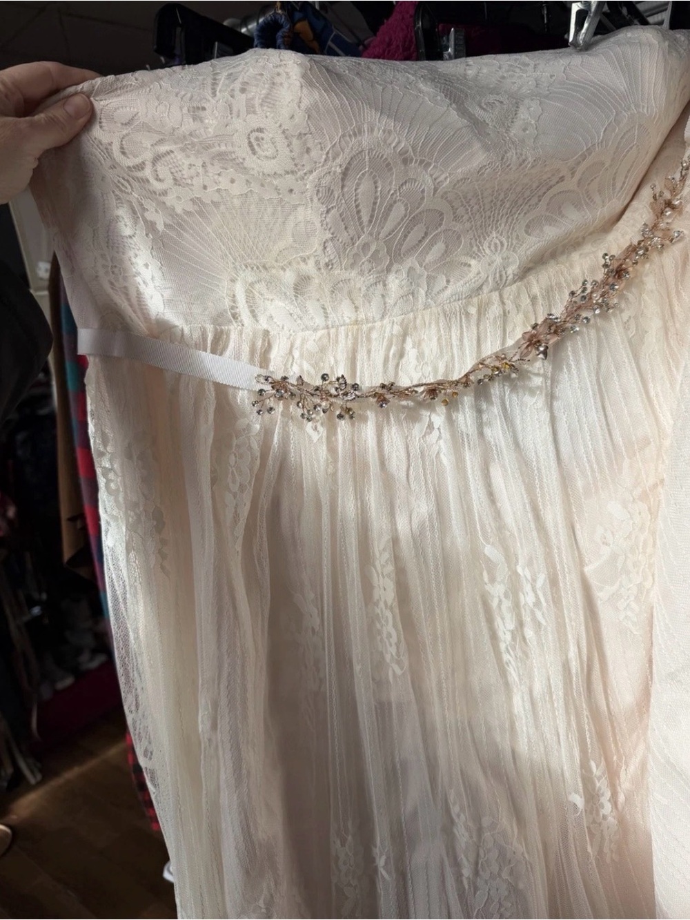 David's Bridal Ivory Lace A-Line Wedding Dress with Beaded Waist